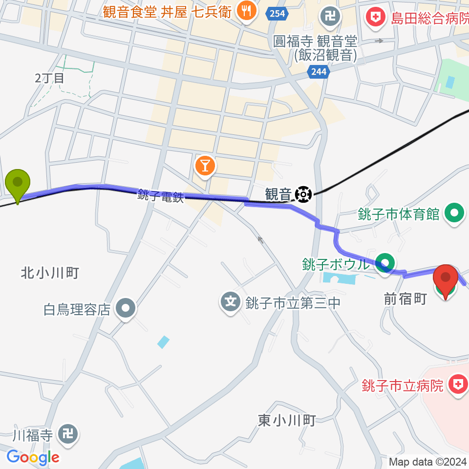 仲ノ町駅から銚子市野球場へのルートマップ地図