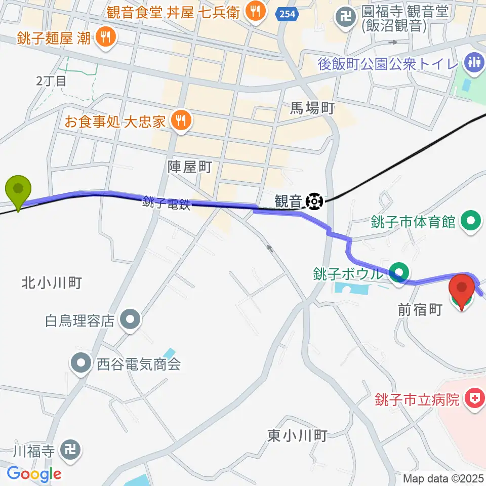 仲ノ町駅から銚子市野球場へのルートマップ地図