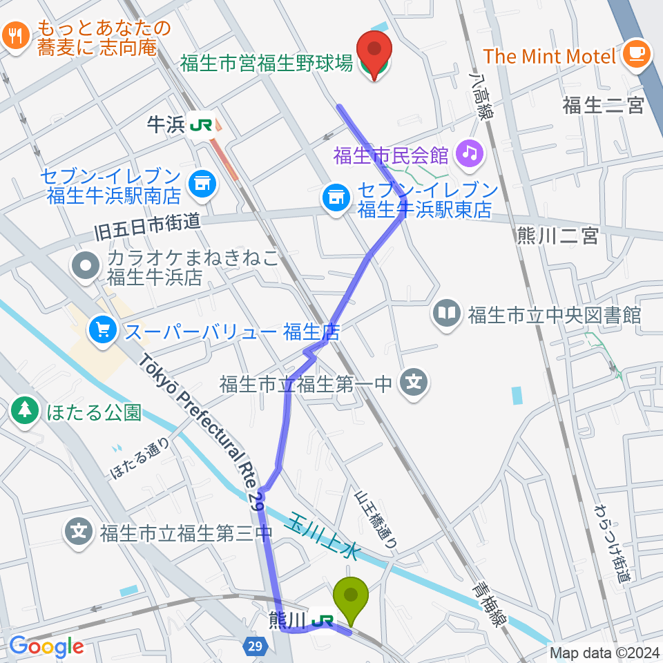 熊川駅から福生野球場へのルートマップ地図