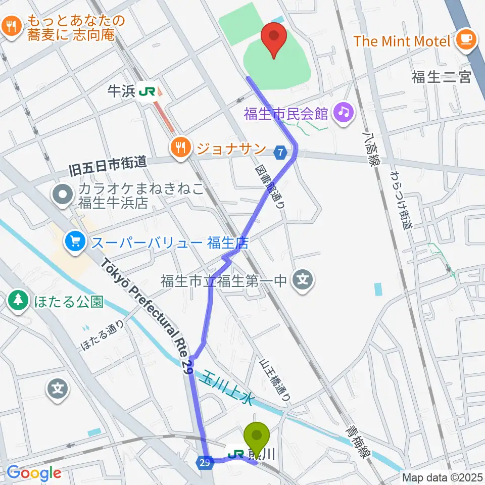 熊川駅から福生野球場へのルートマップ地図
