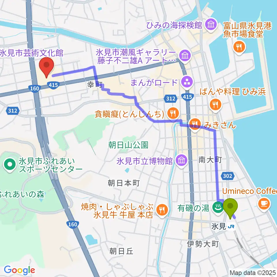 氷見市芸術文化館の最寄駅氷見駅からの徒歩ルート（約26分）地図