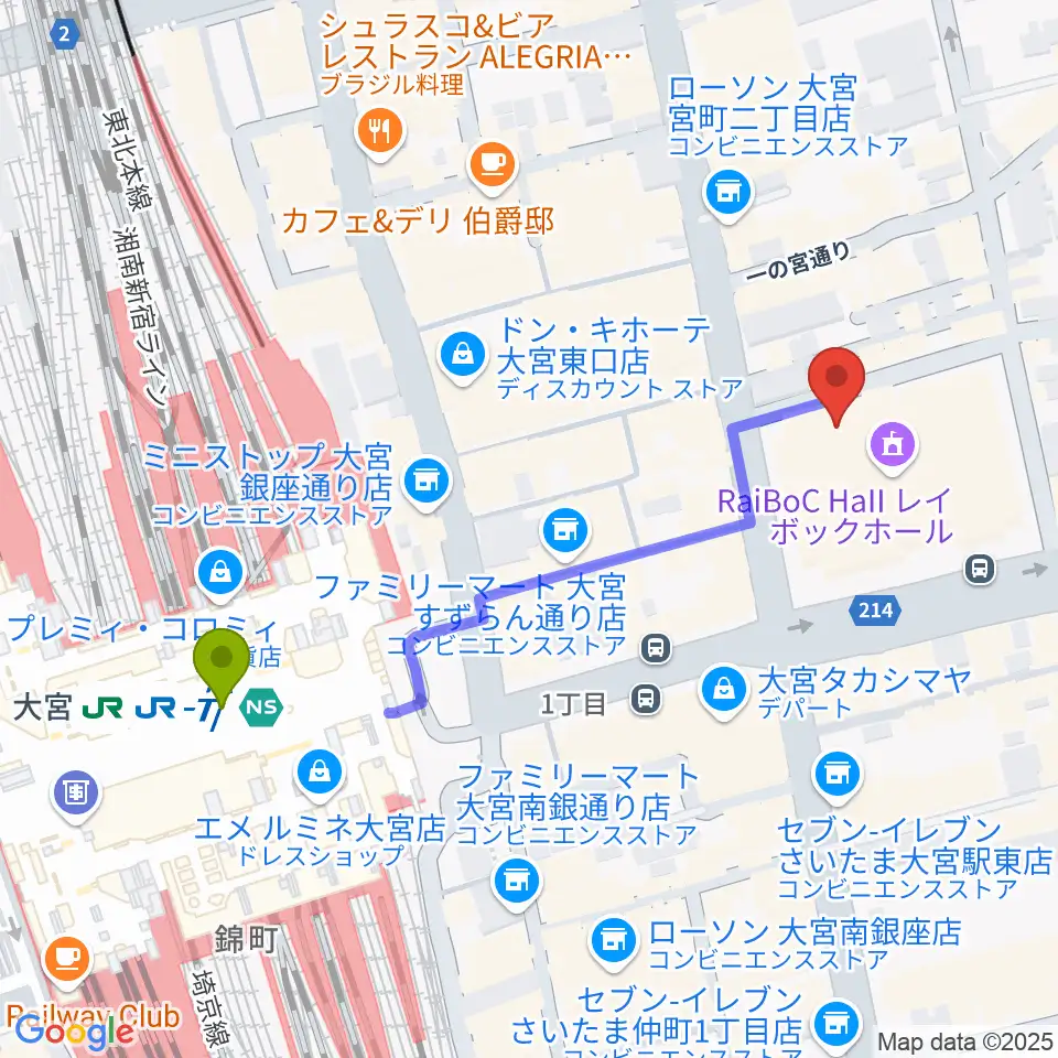 レイボックホール 市民会館おおみやの最寄駅大宮駅からの徒歩ルート（約5分）地図