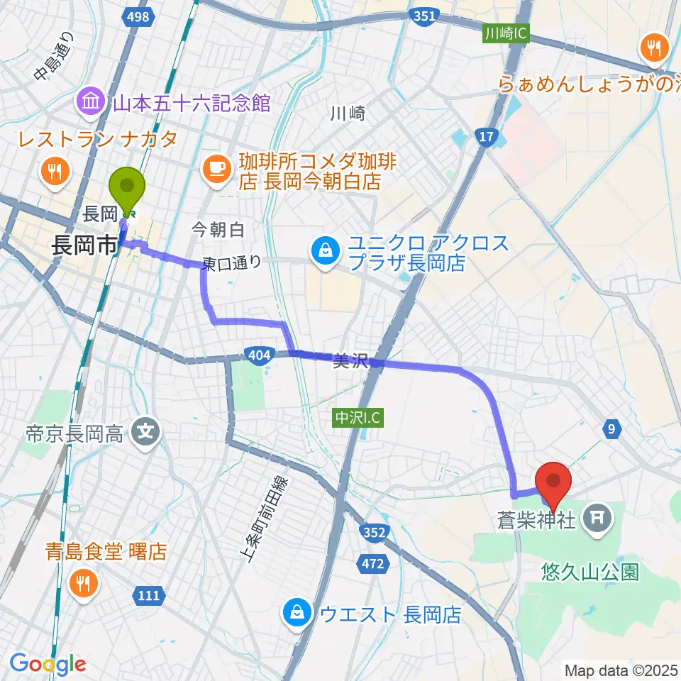 長岡市悠久山野球場の最寄駅長岡駅からの徒歩ルート（約46分）地図