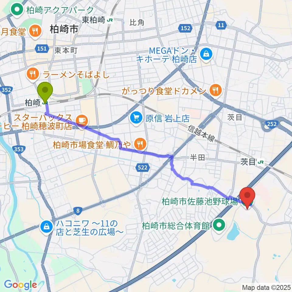 柏崎駅から佐藤池野球場へのルートマップ地図
