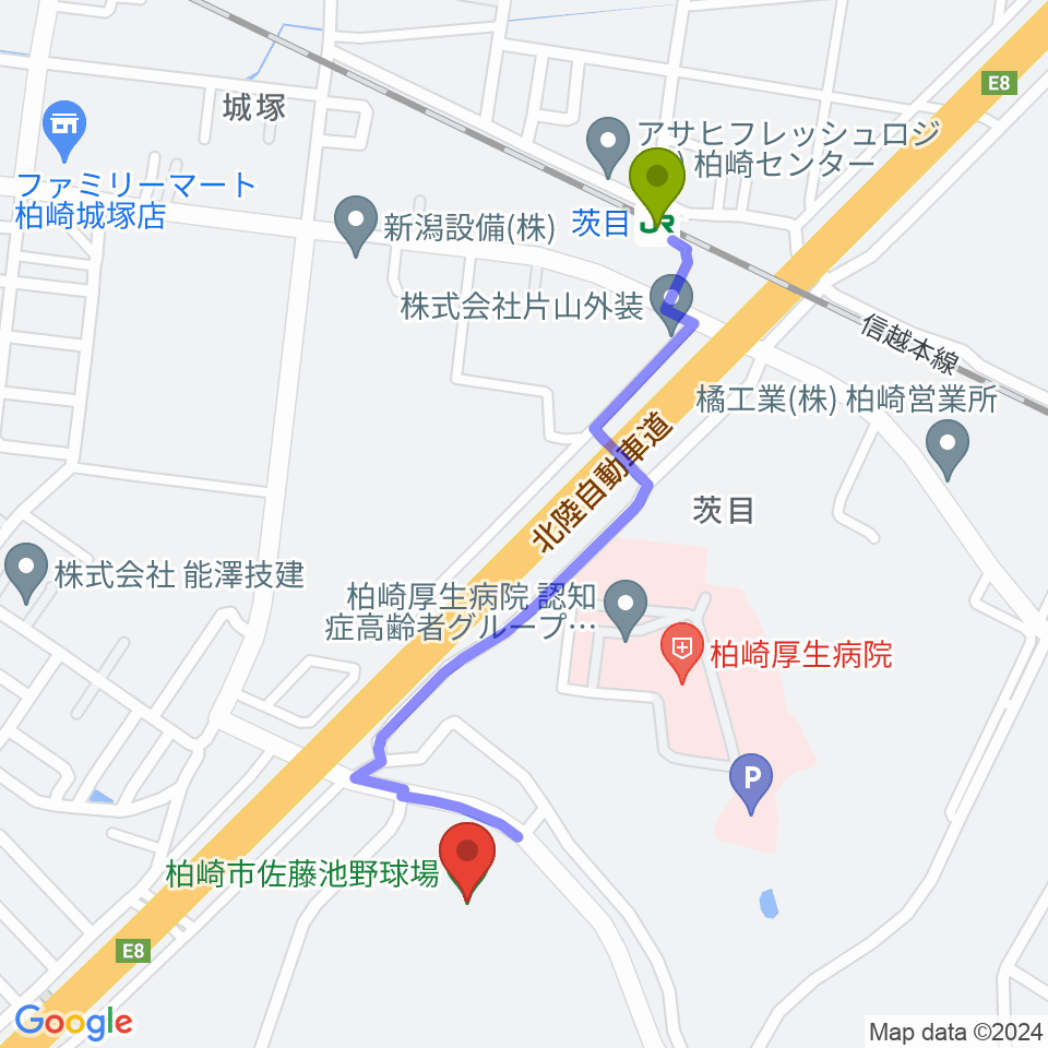 佐藤池野球場の最寄駅茨目駅からの徒歩ルート（約10分）地図