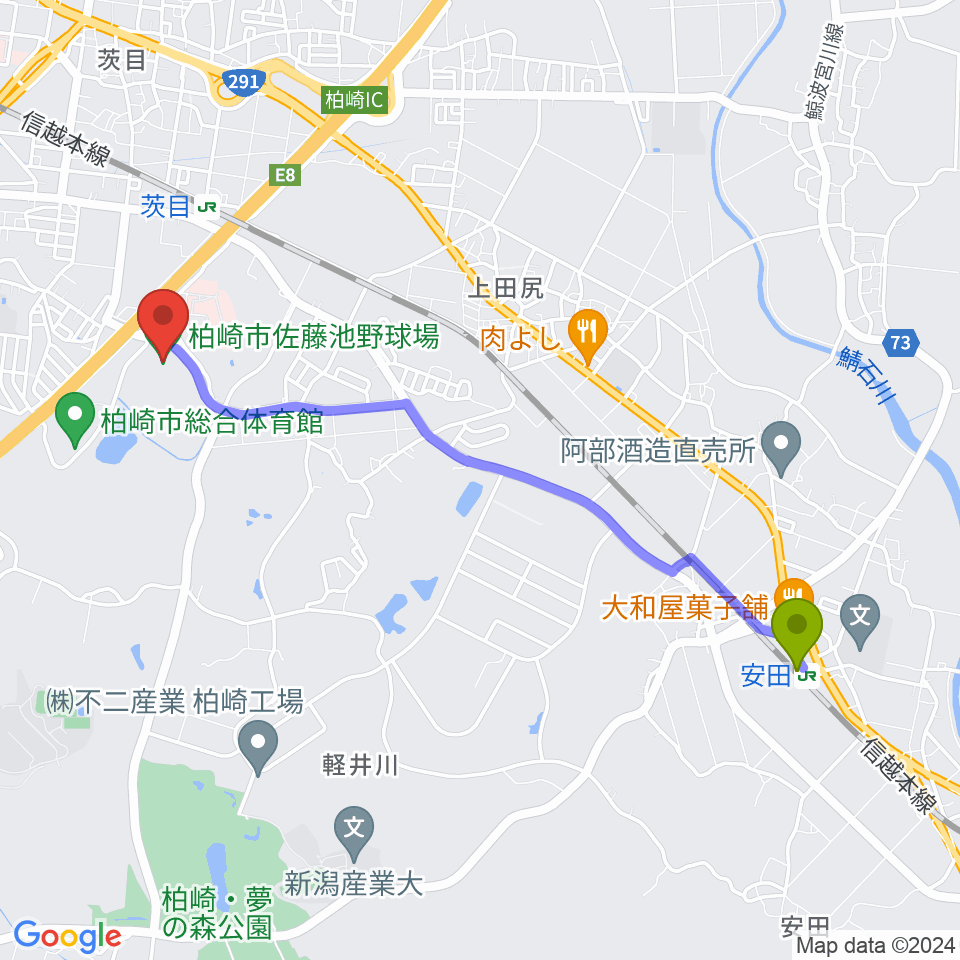 安田駅から佐藤池野球場へのルートマップ地図