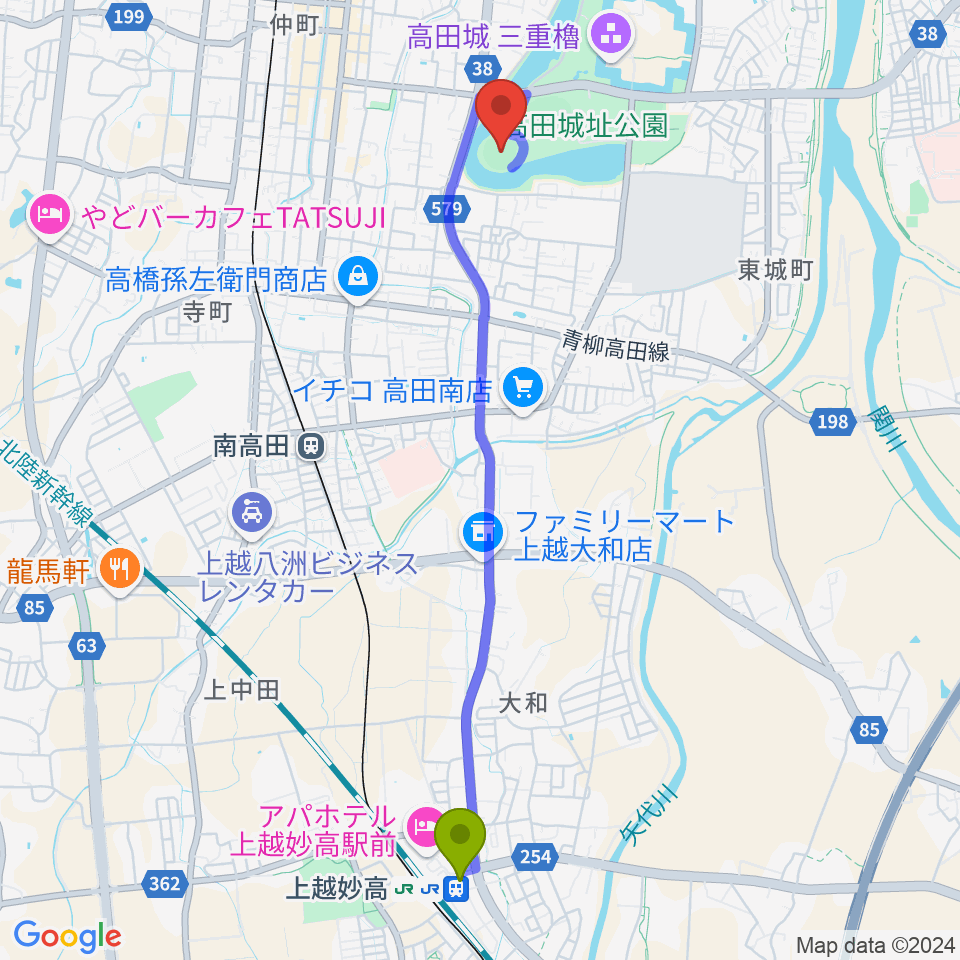 上越妙高駅から高田城址公園野球場へのルートマップ地図