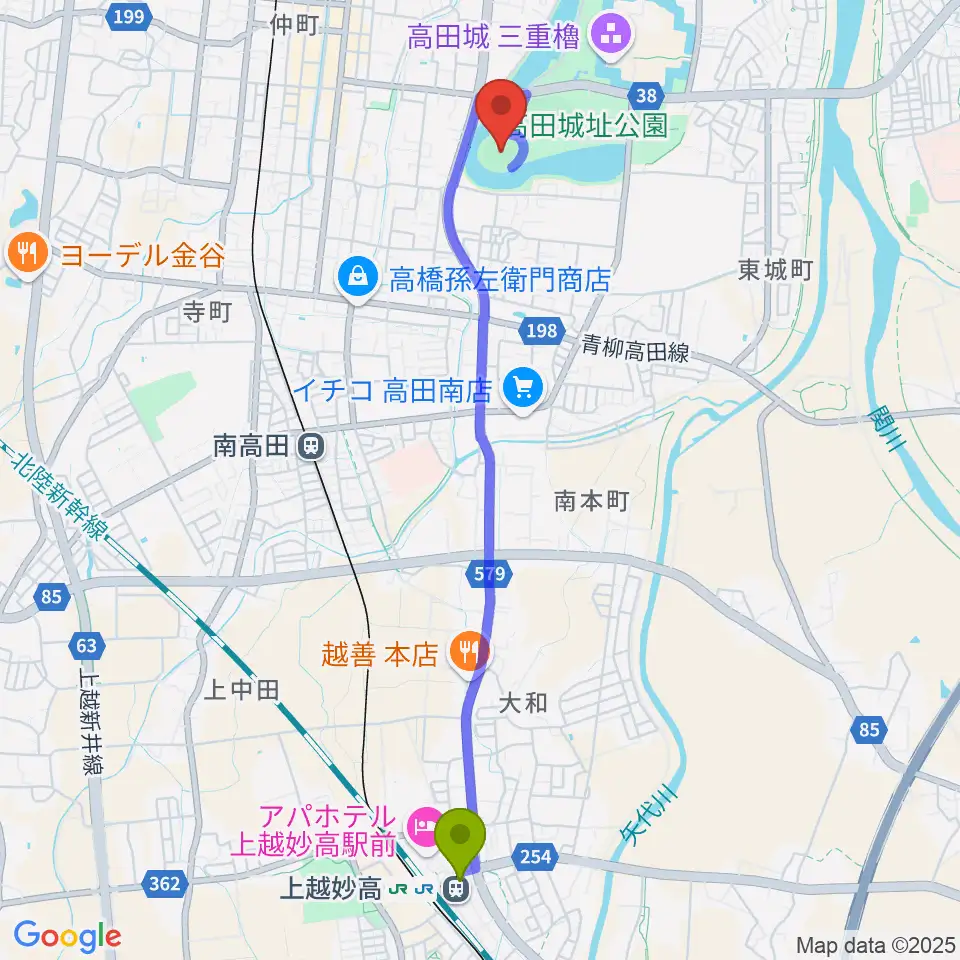 上越妙高駅から高田城址公園野球場へのルートマップ地図
