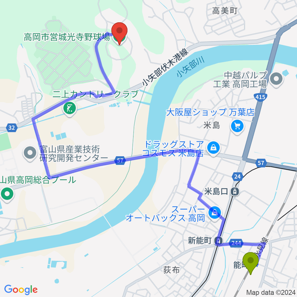 能町駅から高岡市営城光寺野球場へのルートマップ地図