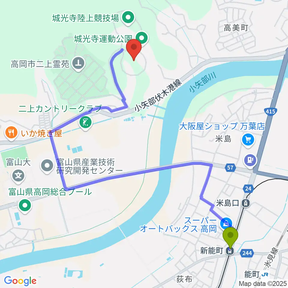 新能町駅から高岡市営城光寺野球場へのルートマップ地図