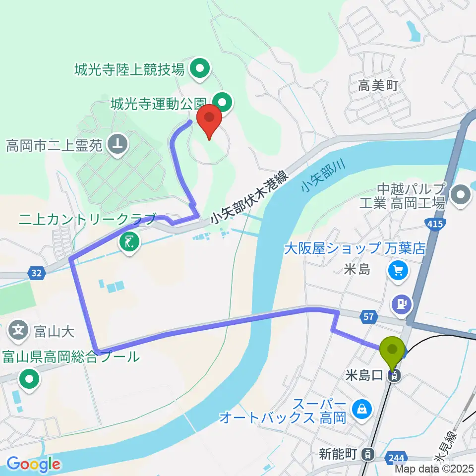 高岡市営城光寺野球場の最寄駅米島口駅からの徒歩ルート（約19分）地図