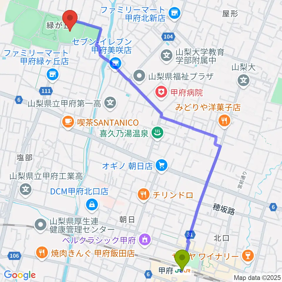 ふじでん球場の最寄駅甲府駅からの徒歩ルート（約29分）地図