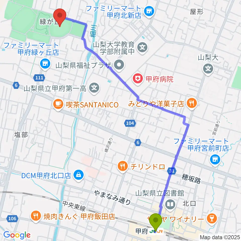 ふじでん球場の最寄駅甲府駅からの徒歩ルート（約29分）地図