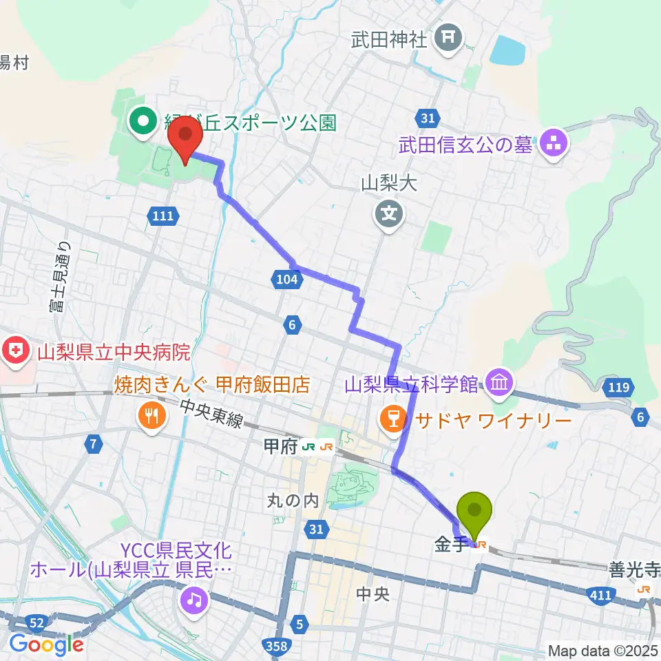 金手駅からふじでん球場へのルートマップ地図