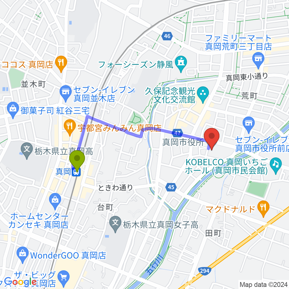 FMもおかの最寄駅真岡駅からの徒歩ルート（約15分）地図