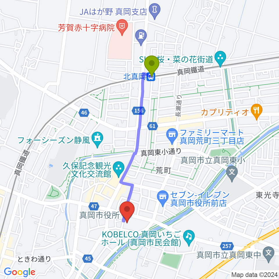 北真岡駅からFMもおかへのルートマップ地図
