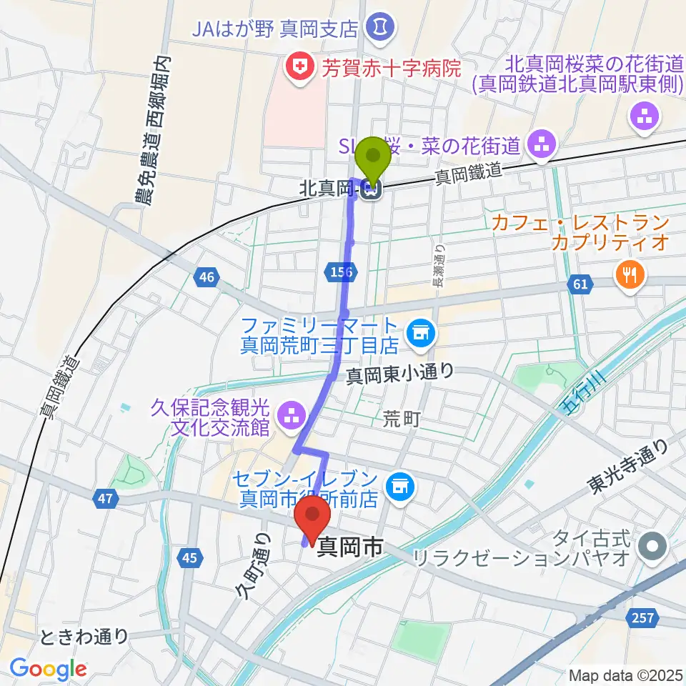 北真岡駅からFMもおかへのルートマップ地図