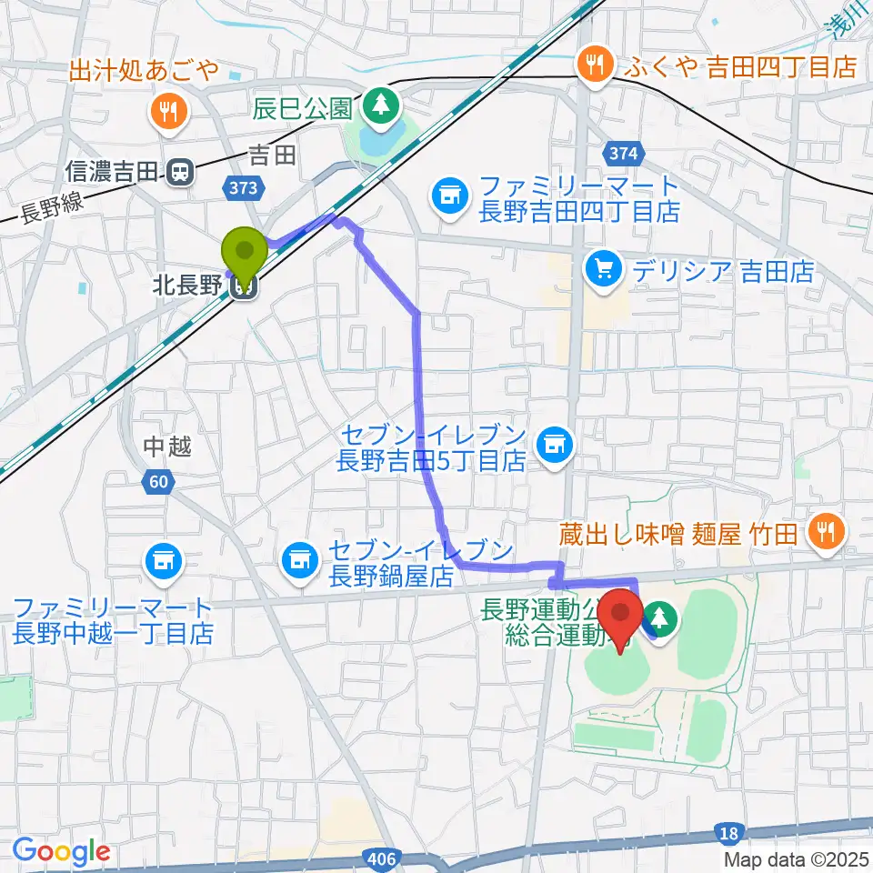 長野県営野球場の最寄駅北長野駅からの徒歩ルート（約18分）地図