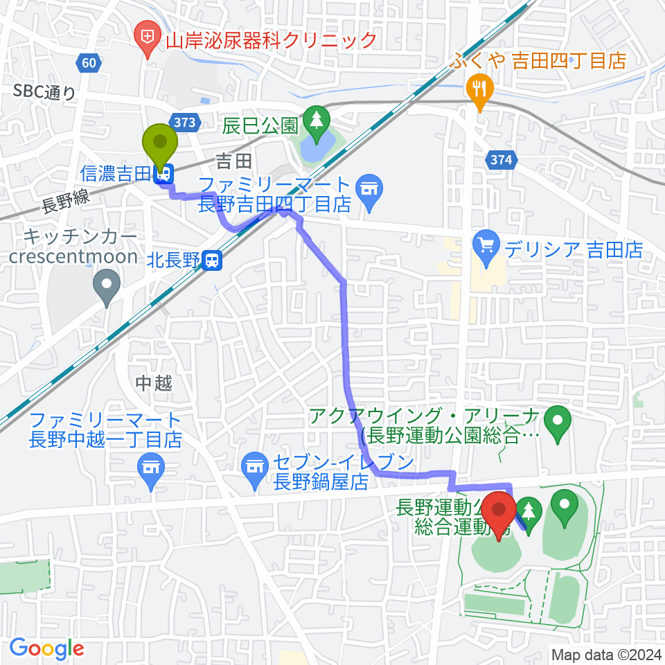 信濃吉田駅から長野県営野球場へのルートマップ地図