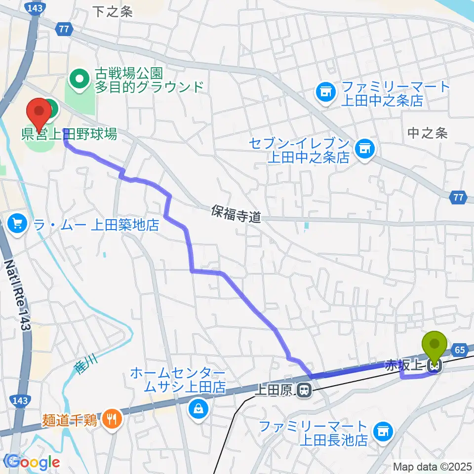 赤坂上駅から長野県営上田野球場へのルートマップ地図