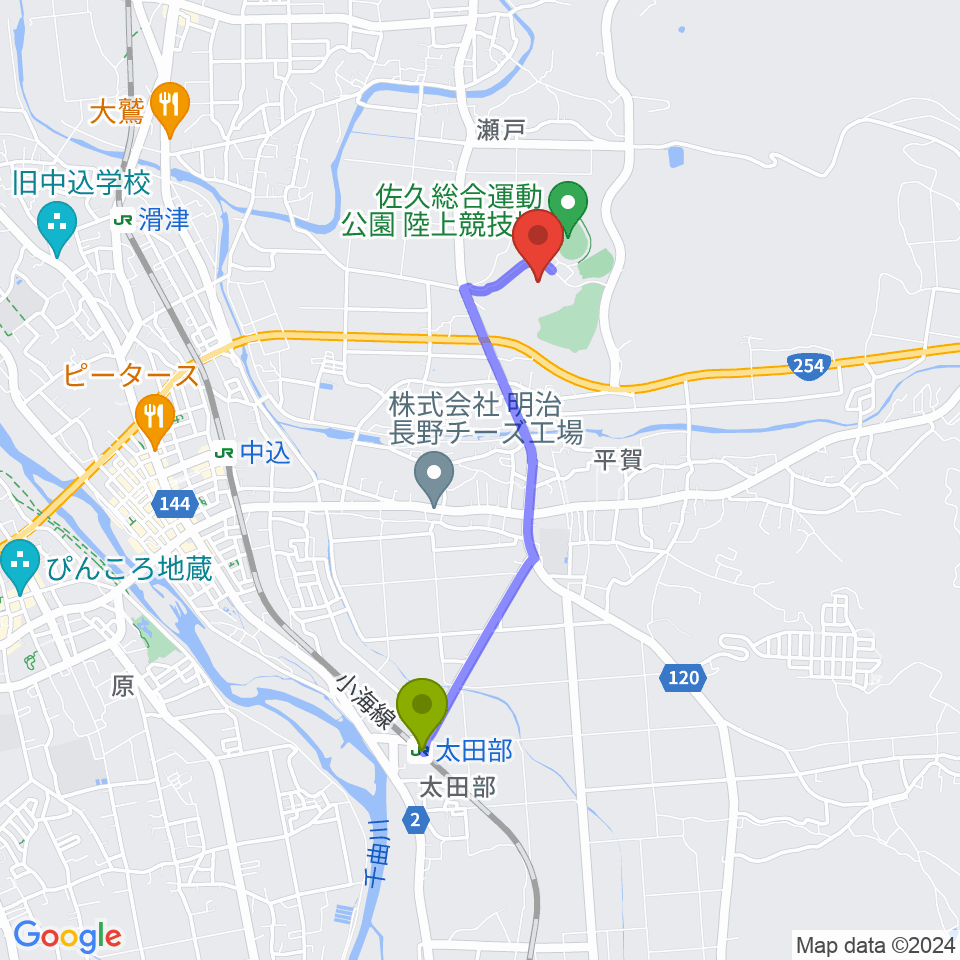太田部駅から佐久総合運動公園野球場へのルートマップ地図