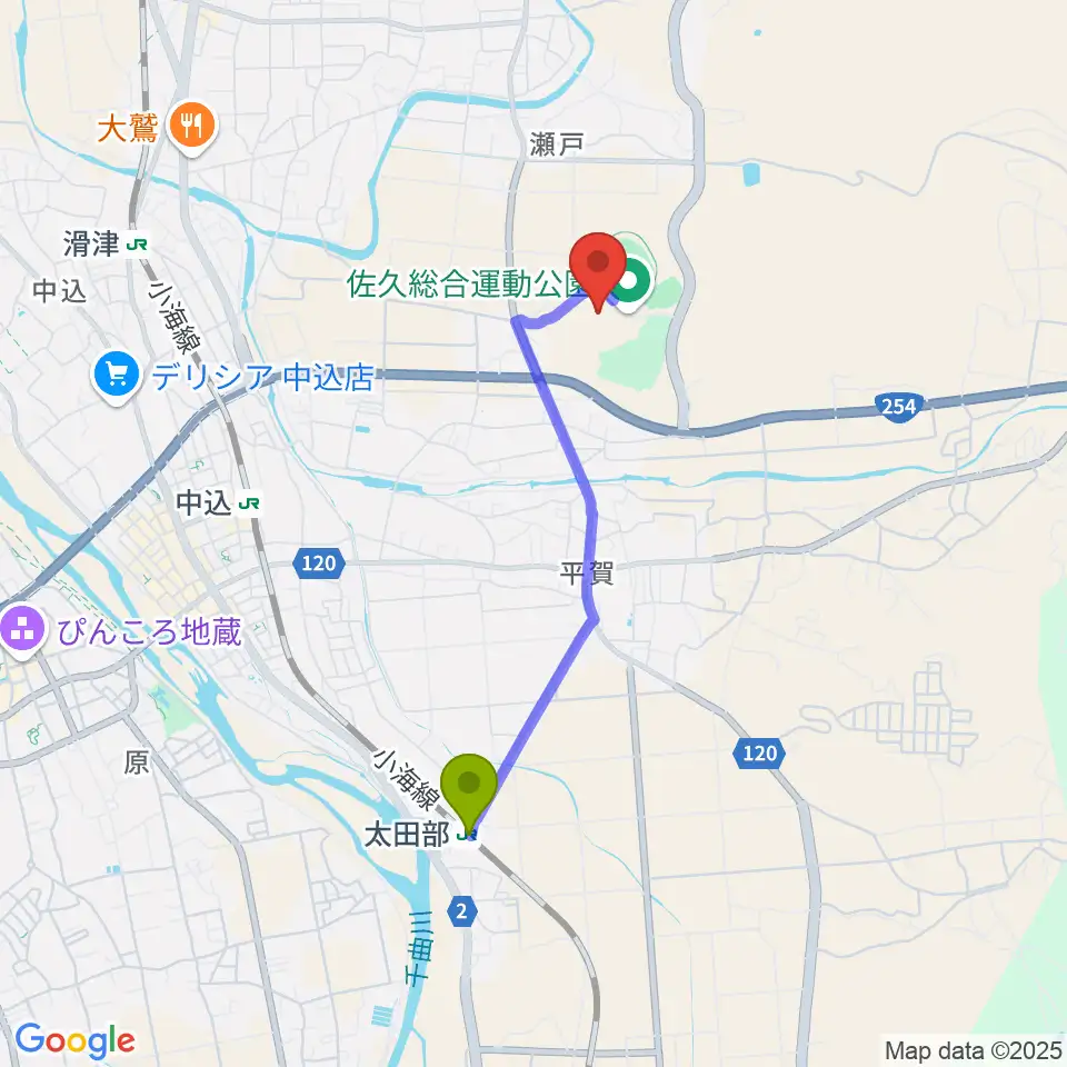 太田部駅から佐久総合運動公園野球場へのルートマップ地図