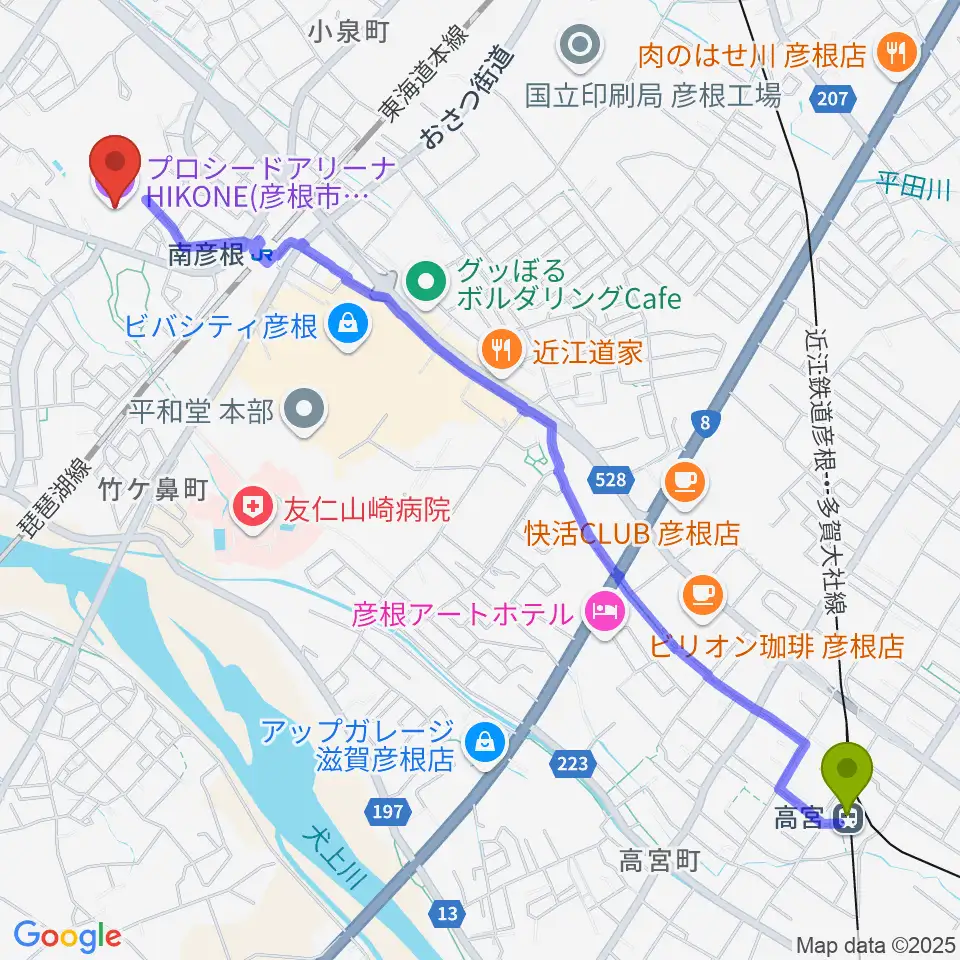 高宮駅からプロシードアリーナHIKONEへのルートマップ地図