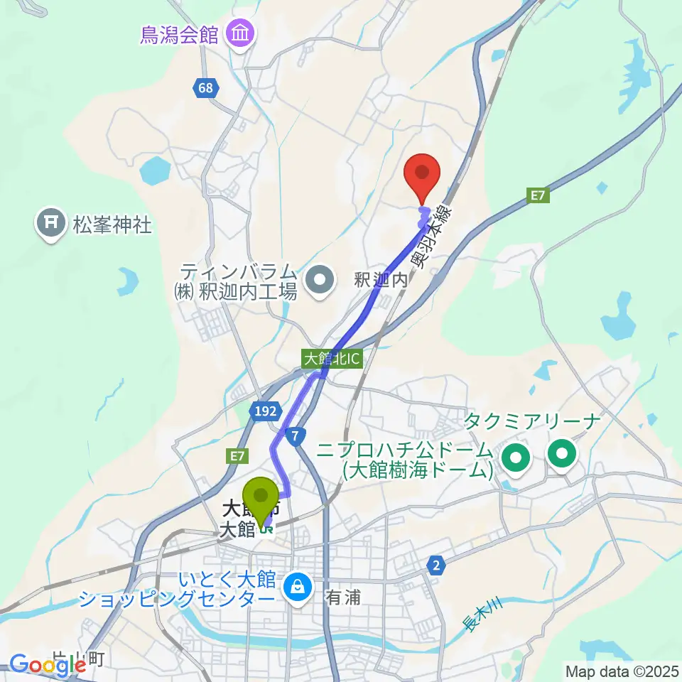 大館駅からFMラジオおおだてへのルートマップ地図
