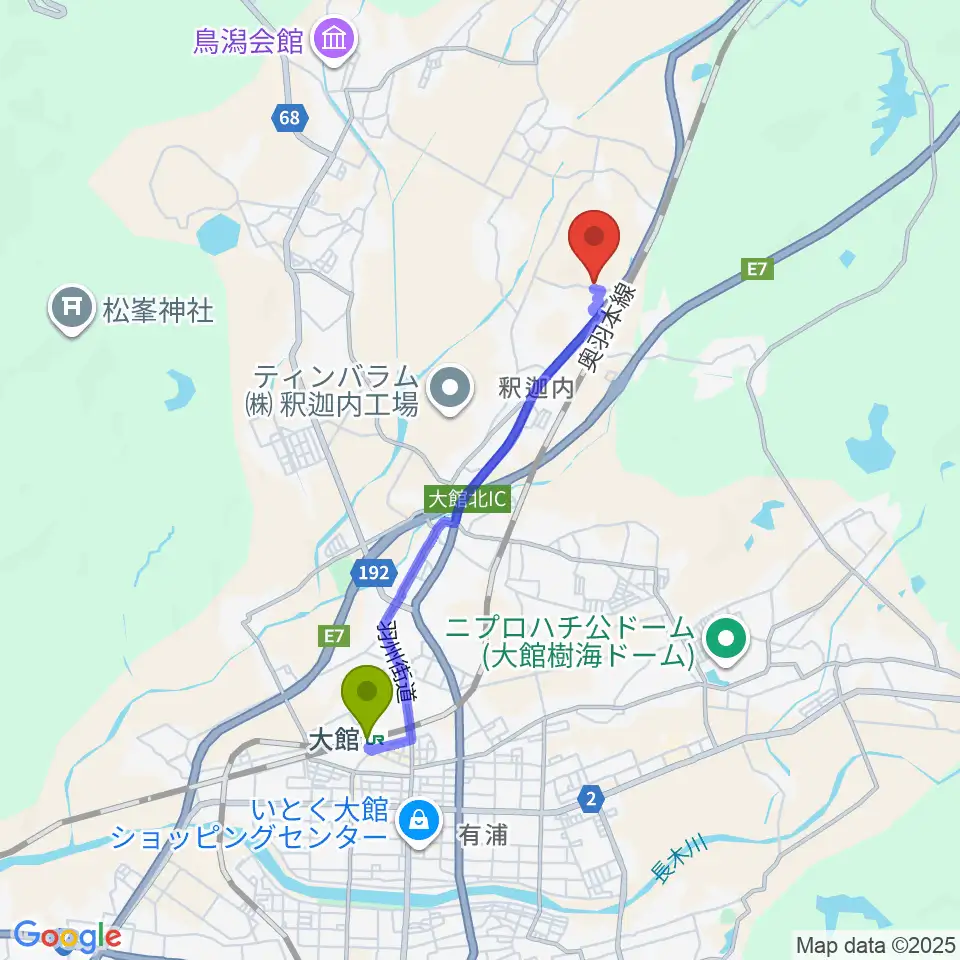 大館駅からFMラジオおおだてへのルートマップ地図
