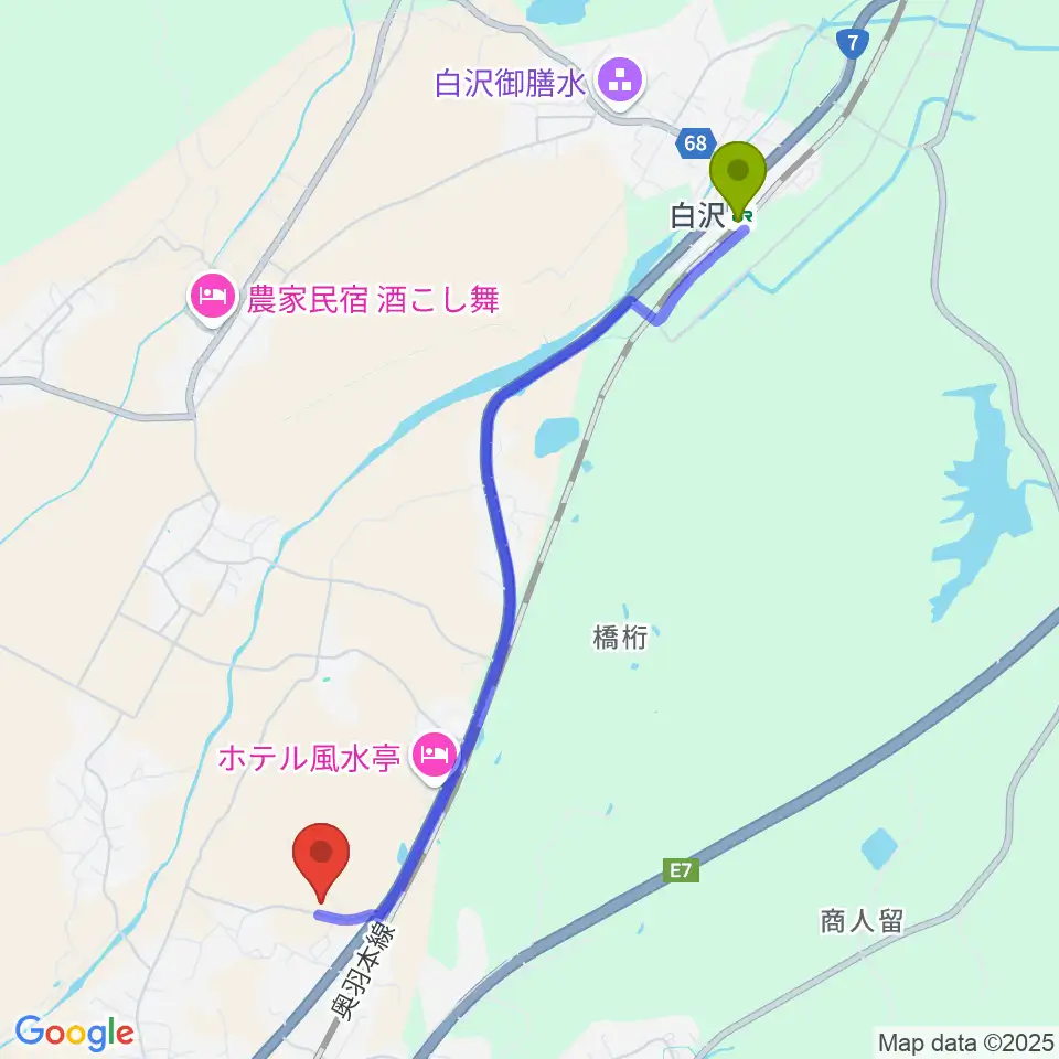FMラジオおおだての最寄駅白沢駅からの徒歩ルート（約44分）地図