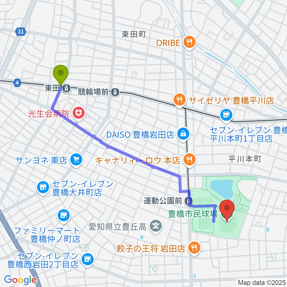 東田駅から豊橋市民球場へのルートマップ地図