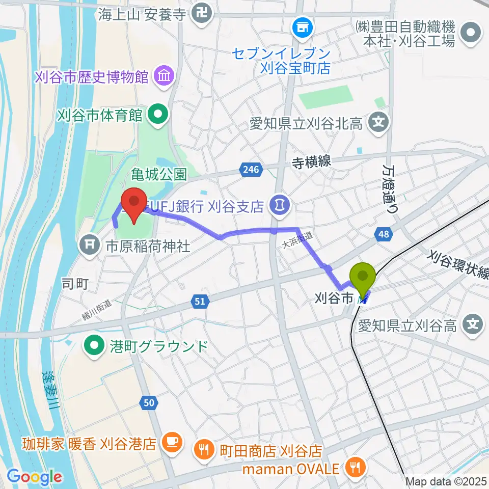 刈谷球場の最寄駅刈谷市駅からの徒歩ルート（約15分）地図