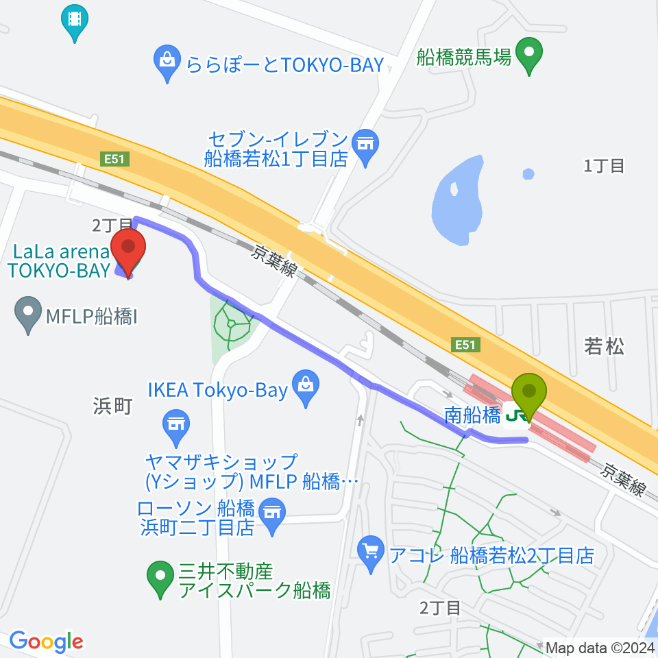 ららアリーナ東京ベイの最寄駅南船橋駅からの徒歩ルート（約10分）地図
