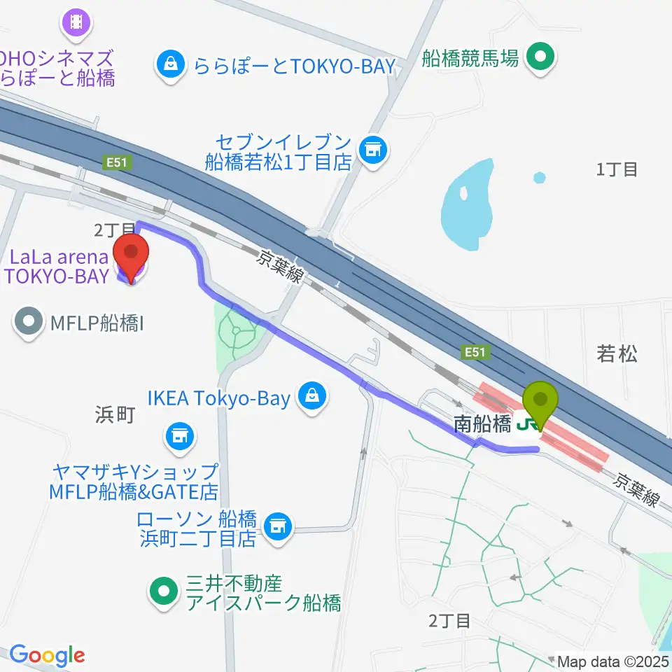 ららアリーナ東京ベイの最寄駅南船橋駅からの徒歩ルート（約10分）地図