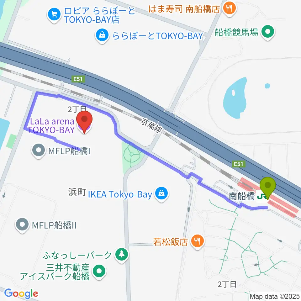 ららアリーナ東京ベイの最寄駅南船橋駅からの徒歩ルート（約10分）地図