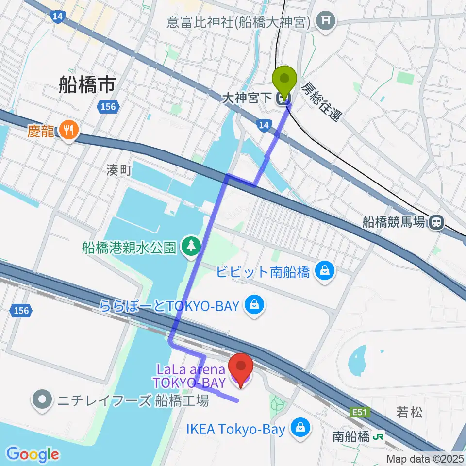大神宮下駅からららアリーナ東京ベイへのルートマップ地図