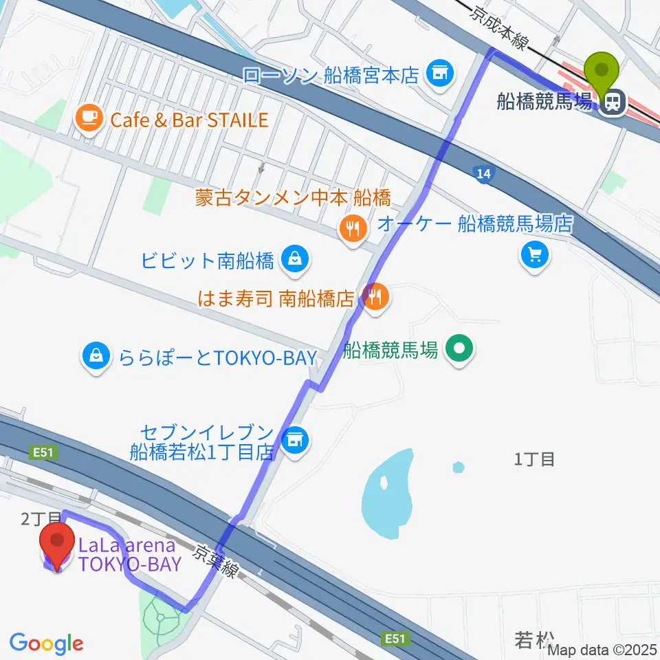 船橋競馬場駅からららアリーナ東京ベイへのルートマップ地図