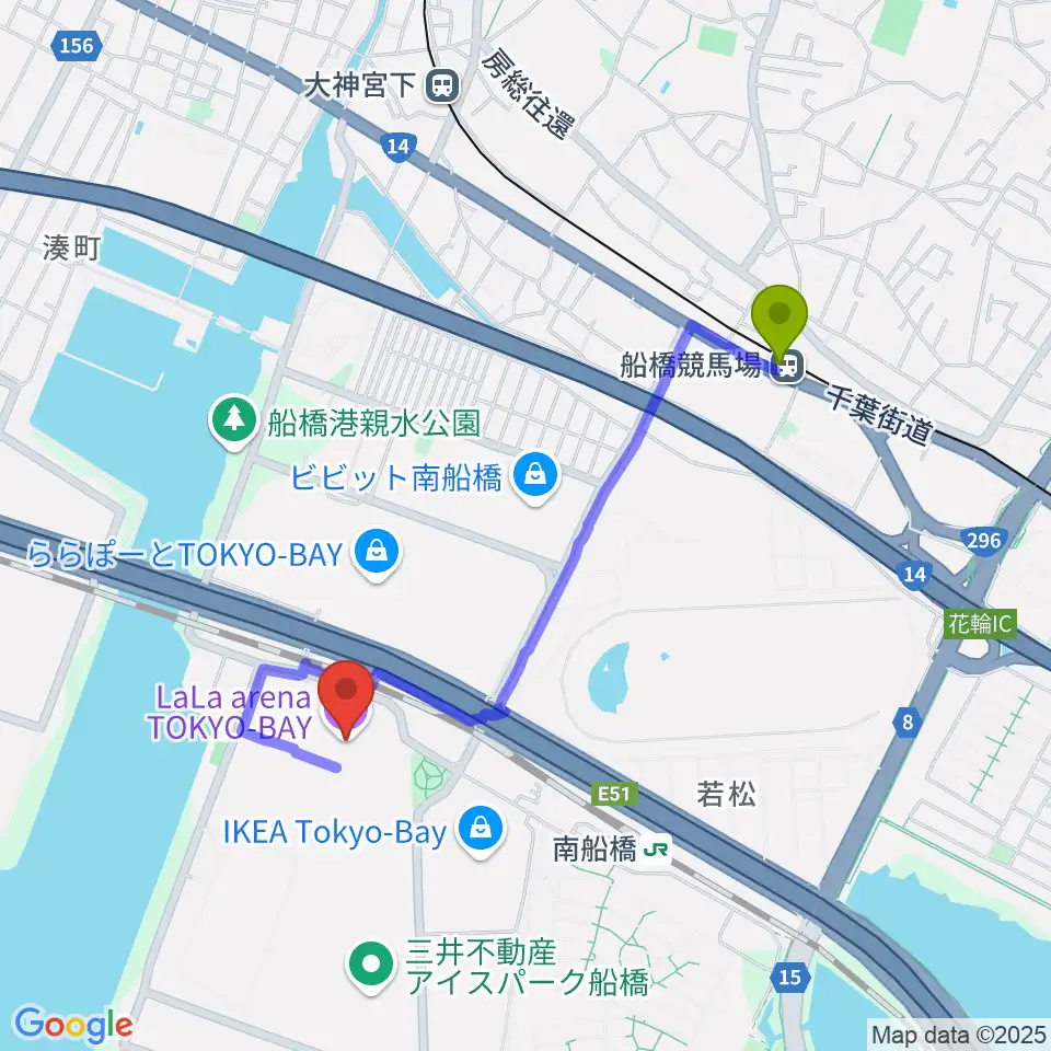 船橋競馬場駅からららアリーナ東京ベイへのルートマップ地図