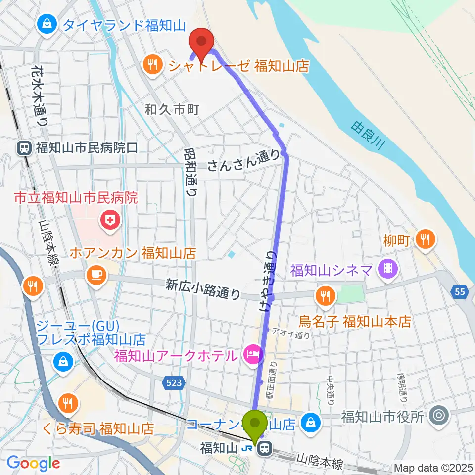 福知山駅から福知山SECカーボンスタジアムへのルートマップ地図