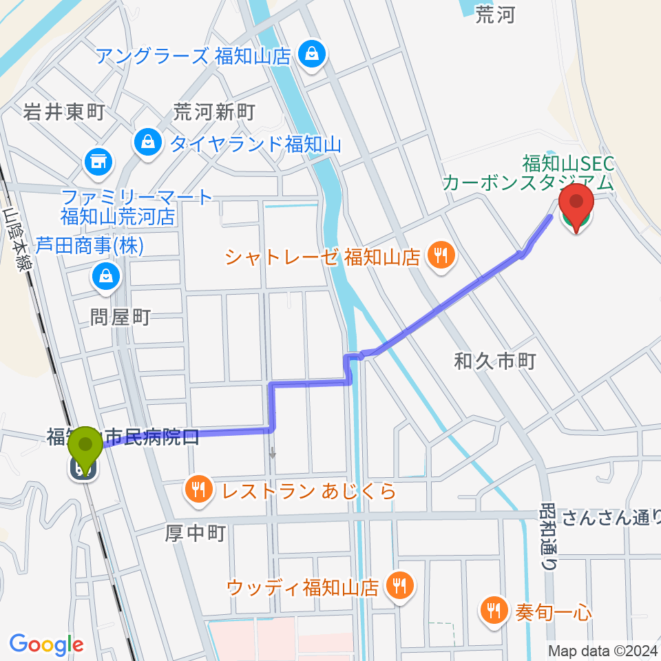 福知山SECカーボンスタジアムの最寄駅福知山市民病院口駅からの徒歩ルート（約13分）地図