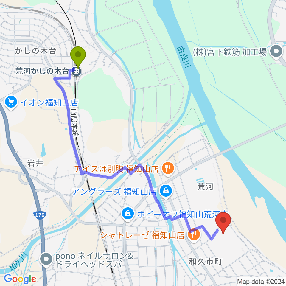 荒河かしの木台駅から福知山SECカーボンスタジアムへのルートマップ地図