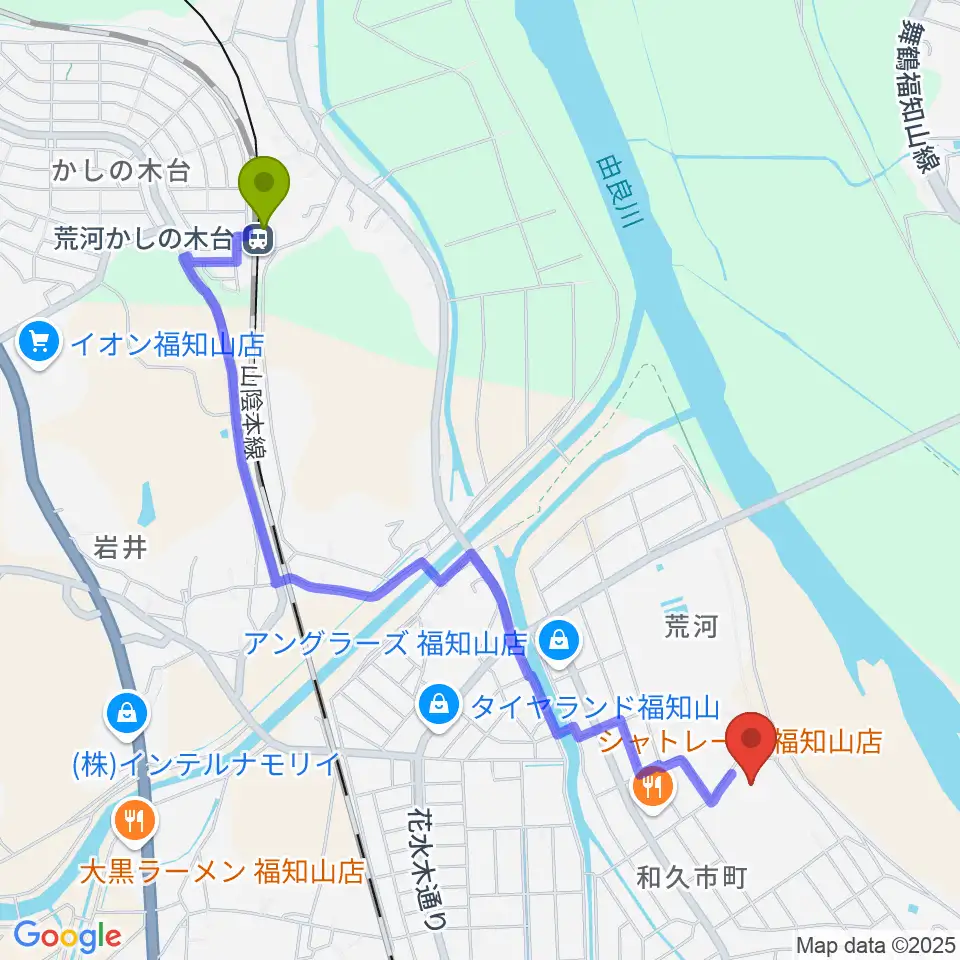 荒河かしの木台駅から福知山SECカーボンスタジアムへのルートマップ地図