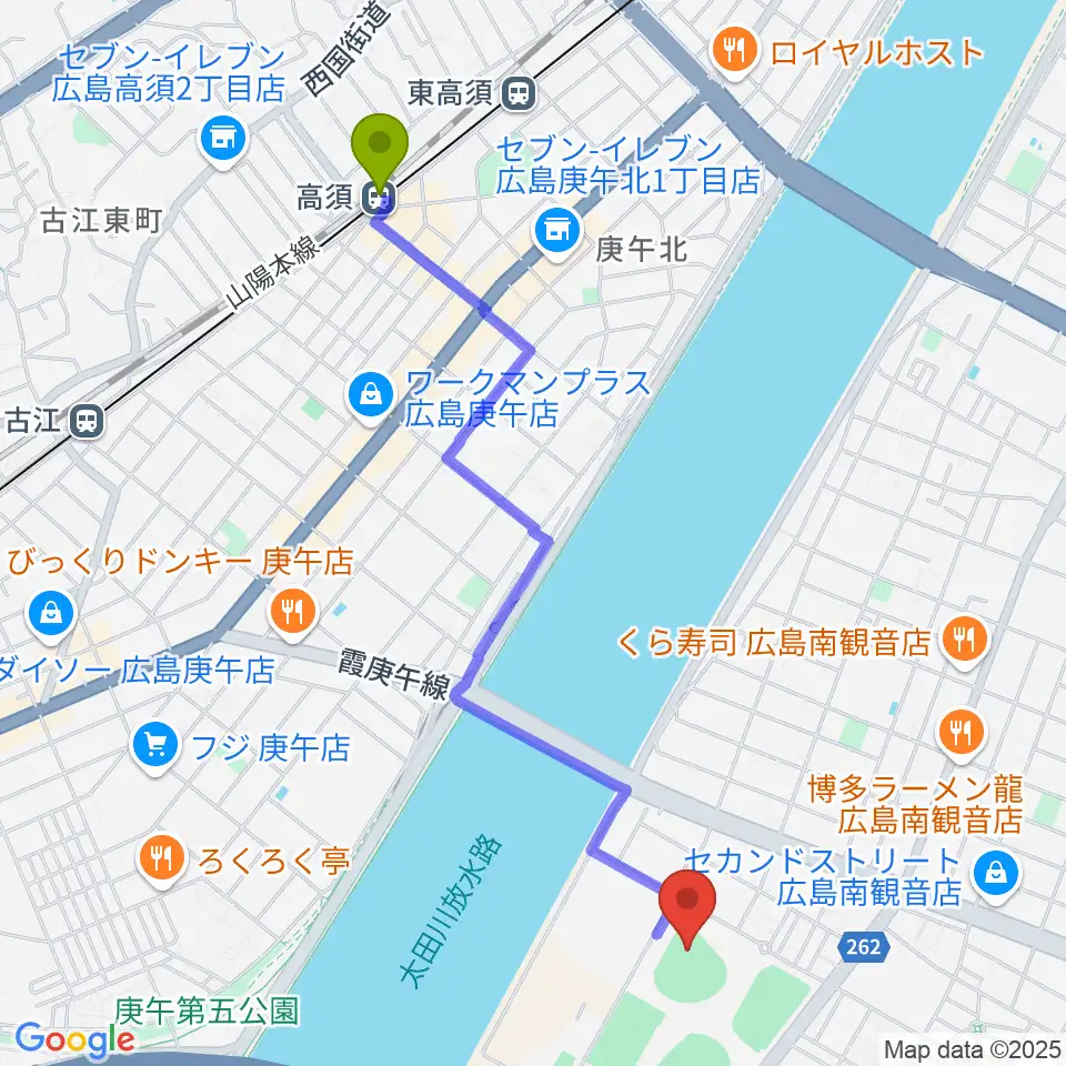高須駅からバルコムBMWベースボールスタジアムへのルートマップ地図