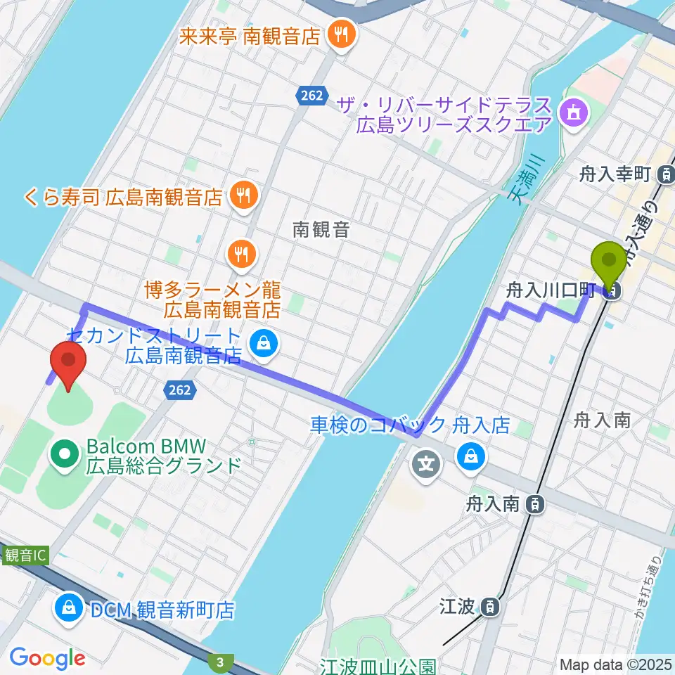 舟入川口町駅からバルコムBMWベースボールスタジアムへのルートマップ地図