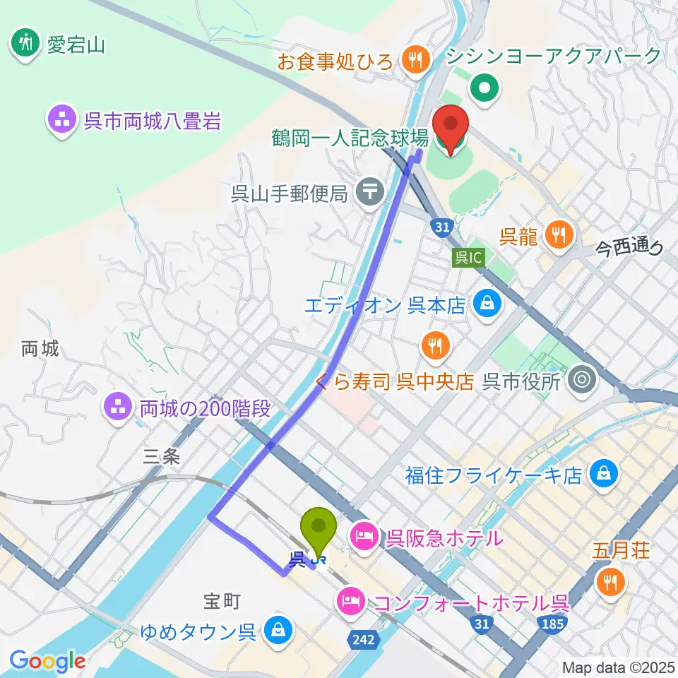 鶴岡一人記念球場の最寄駅呉駅からの徒歩ルート（約20分）地図