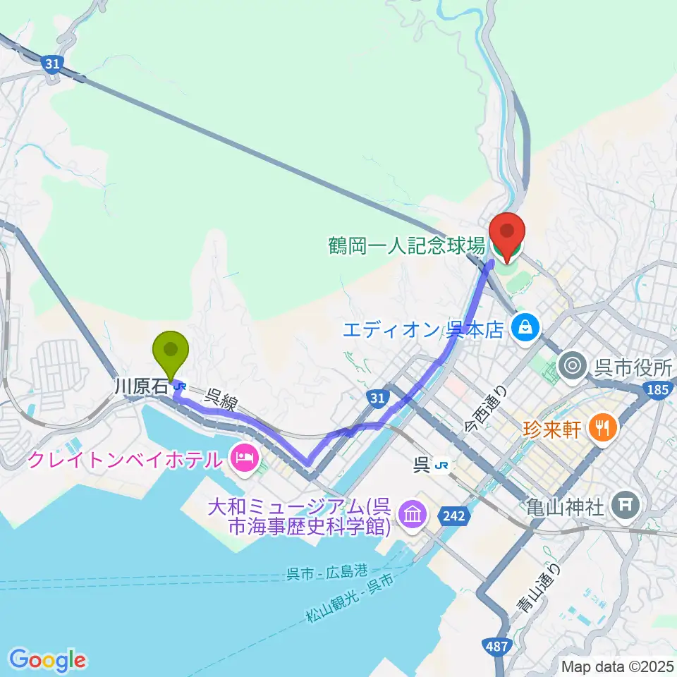 川原石駅から鶴岡一人記念球場へのルートマップ地図