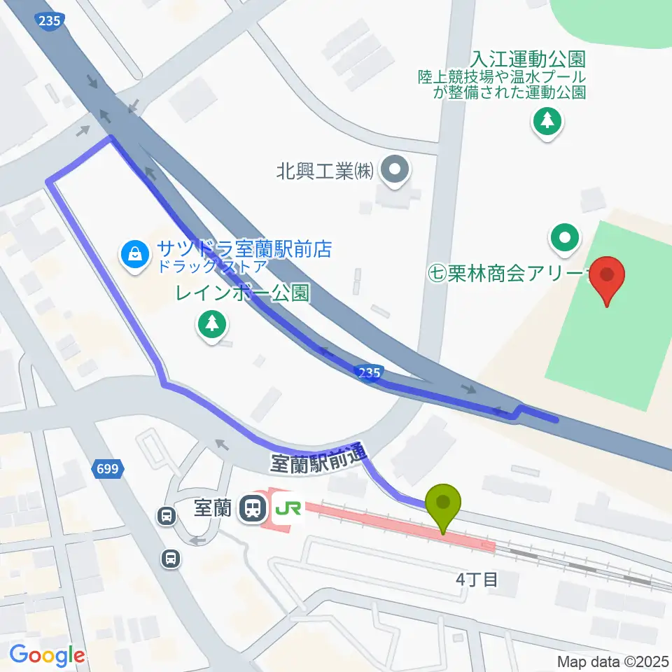 栗林商会アリーナの最寄駅室蘭駅からの徒歩ルート（約3分）地図