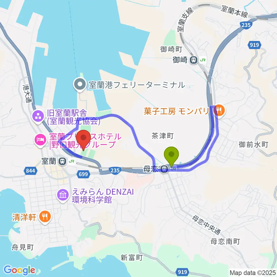 母恋駅から栗林商会アリーナへのルートマップ地図