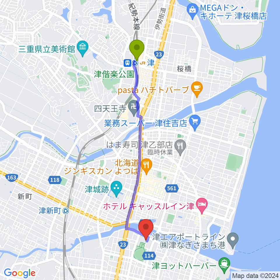 津駅から津球場公園内野球場へのルートマップ地図