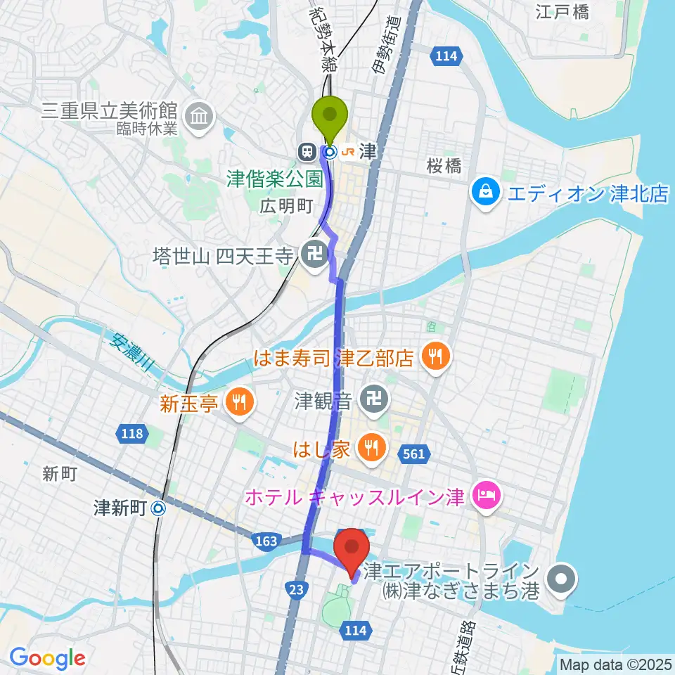 津駅から津球場公園内野球場へのルートマップ地図